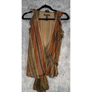 Lauren Ralph Lauren Womens Striped Ruffle Front Wrap Tie Vest Top Size 6
